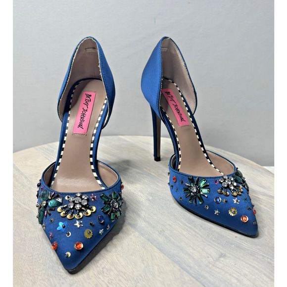 Betsey Johnson Shoes - Betsey Johnson Mayson Heels Sz 6 Blue Satin Jeweled Sequin Shoes Pumps